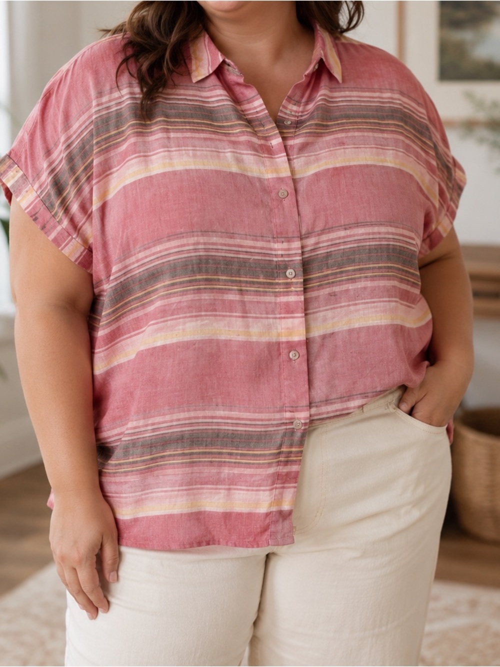 L.L. Bean Womens  1X Striped Tencel Camp Shirt Pink Short Sleeve Button Up NWT